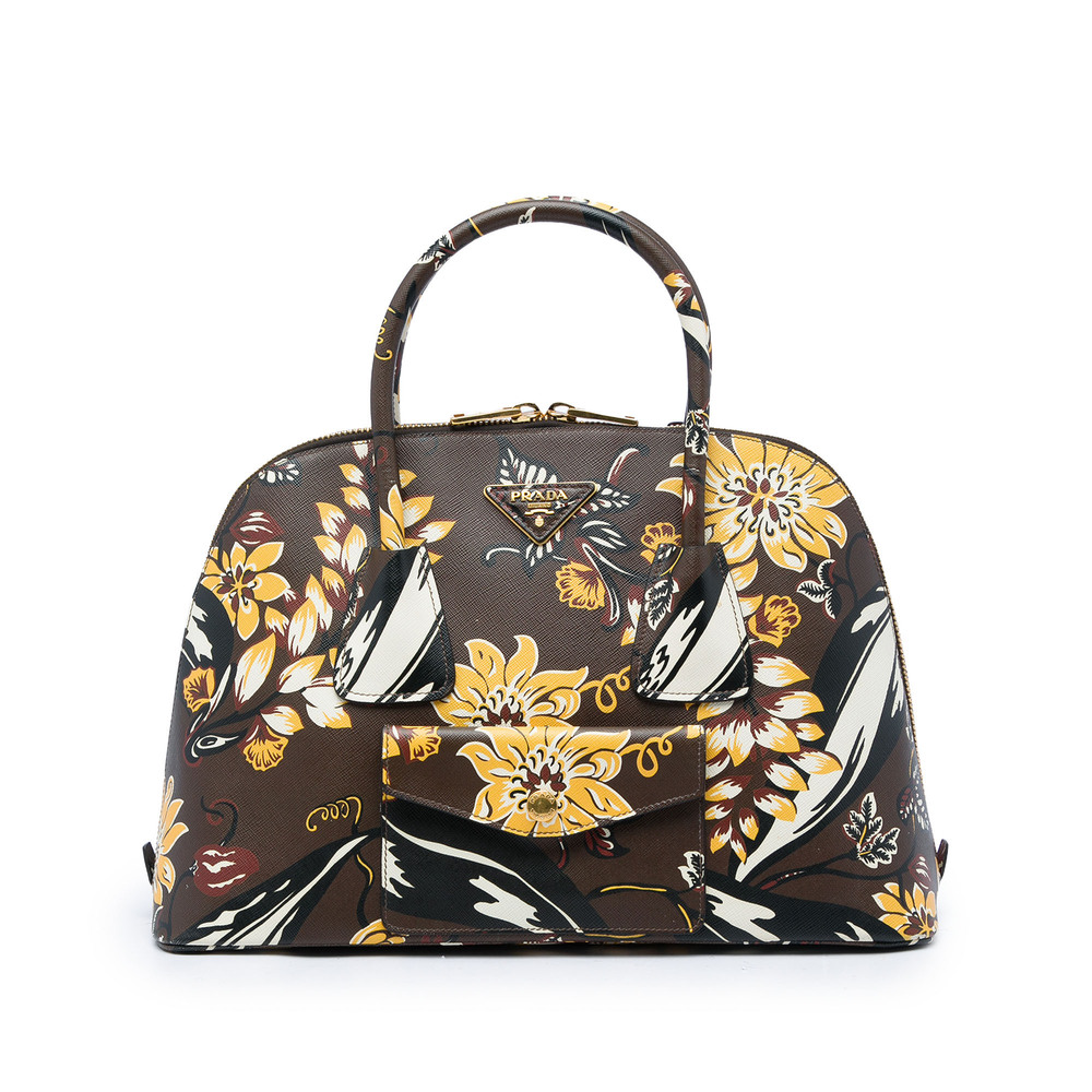 Pre-Loved Prada Large Saffiano Lux Floral Print Promenade Front Pocket Satchel